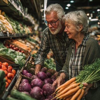 Boldog idős pár egészséges ételekkel